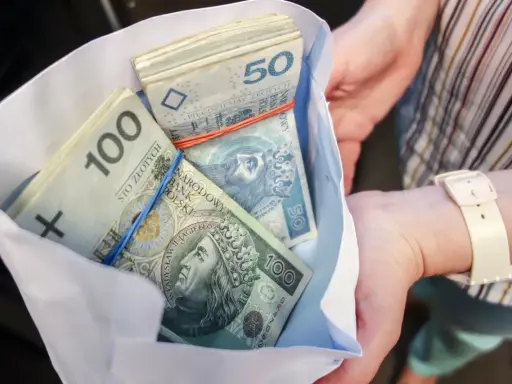 Koperta z plikiem banknotów 100 i 50 zł. Ile dać na 50 urodziny? Tyle pieniędzy to dobry prezent!