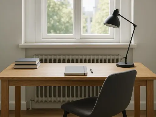 Drewniane biurko pod oknem z kaloryferem, na którym leżą książki, notatnik i lampka.