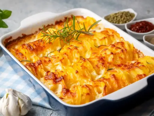 Patate al forno veloci, dorate e cremose, guarnite con rosmarino fresco. Un contorno perfetto per ogni pasto.