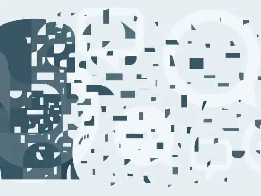 Profilo di una testa che si disintegra in forme geometriche e fumetti, evocando le perversioni del narcisista e la sua frammentazione interiore.