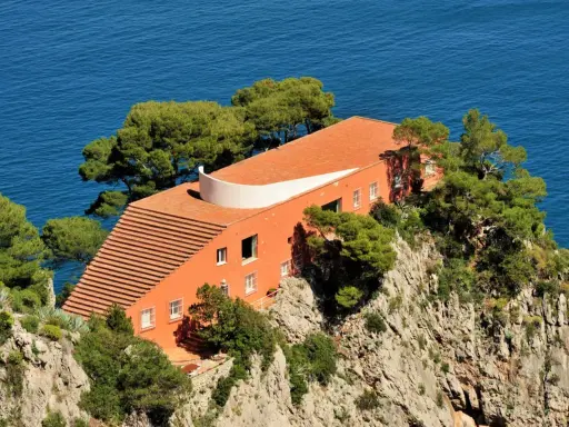 Villa Malaparte interni: arancione, sul mare, con scalinata e alberi.