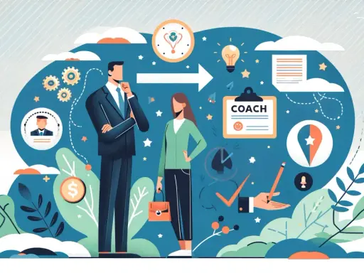 Biznesmen i kobieta rozmawiają. Na tablicy wisi napis "COACH". To symbol wsparcia i rozwoju.