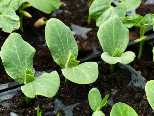 Jeunes semis de courgette en intérieur, leurs premières feuilles vertes s'ouvrent sur la terre.
