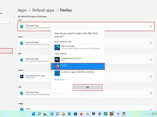 Jak ustawić domyślną przeglądarkę Windows 11: wybierz Firefox jako domyślną aplikację do otwierania plików .htm.