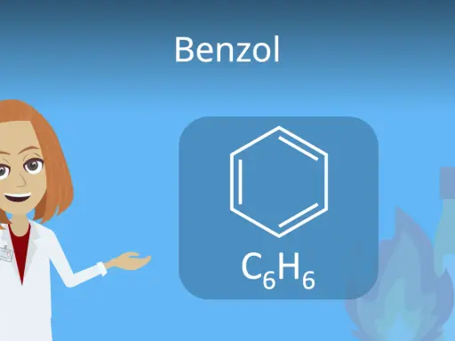 Eine Wissenschaftlerin erklärt die chemische Formel C₆H₆ für Benzol, daneben eine Flamme und eine Flasche.
