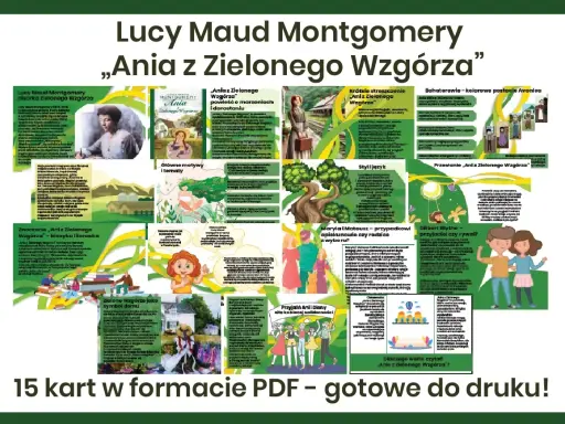 Plakat informacyjny o książce "Ania z Zielonego Wzgórza", przedstawiający autorkę, bohaterów, motywy i przesłanie powieści.