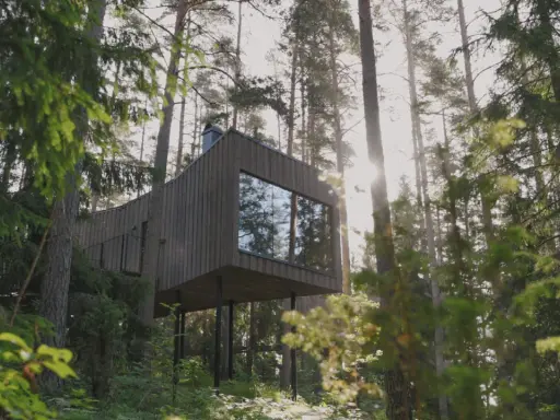 Modernt naturhotell i Sverige, inbäddat bland höga tallar. En arkitektonisk pärla som smälter samman med skogens lugn.