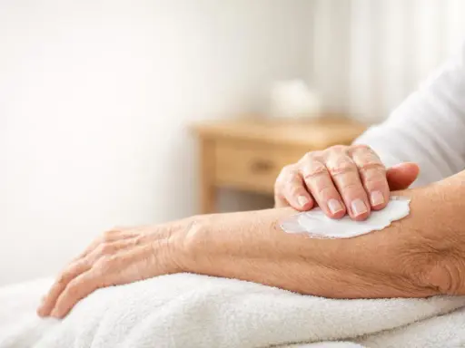 Mano anziana applica crema idratante su un braccio per alleviare i pruriti sul corpo.