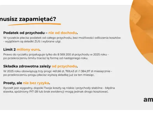 Zmiana formy opodatkowania na ryczałt: podatek od przychodu, limit 2 mln euro, składka zdrowotna zależna od przychodu. Prosty, ale nie bez ryzyka.
