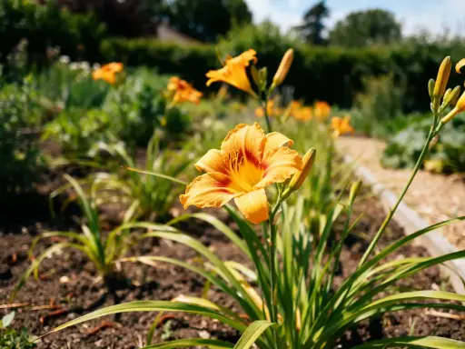 Un jardin fleuri avec des hémérocalles orange éclatantes. L'entretien de ces fleurs est simple pour un tel spectacle.