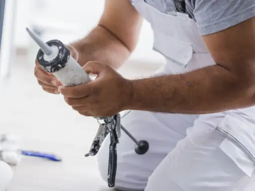 Un bricoleur prépare son pistolet à mastic pour une application. Il tient le tube de mastic Sika, prêt à l'emploi.