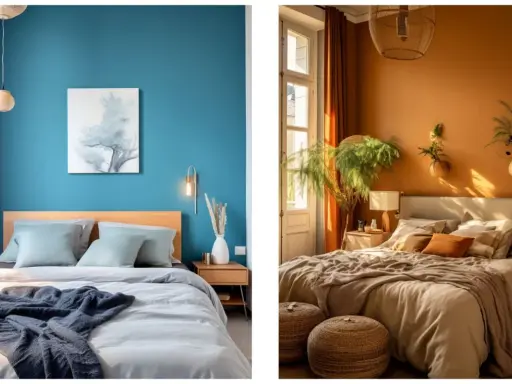 Chambre bleue apaisante et chambre ocre chaleureuse, deux styles pour une tendance peinture chambre garçon.