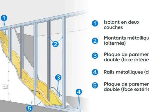 Schéma d'une cloison Placo : isolation, montants et plaques.