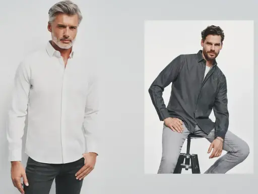Mężczyzna w białej koszuli z kołnierzem typu button-down i mężczyzna w szarej koszuli dżinsowej.