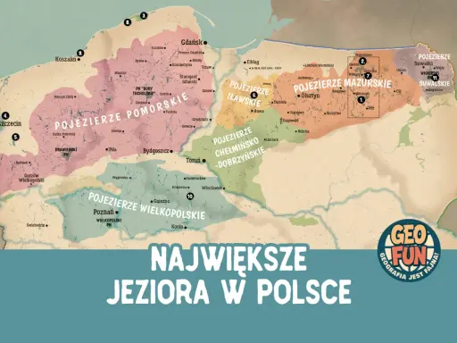 Mapa przedstawia największe **jeziora w Polsce**, z zaznaczonymi Pojezierzem Mazurskim, Pomorskim i Wielkopolskim.