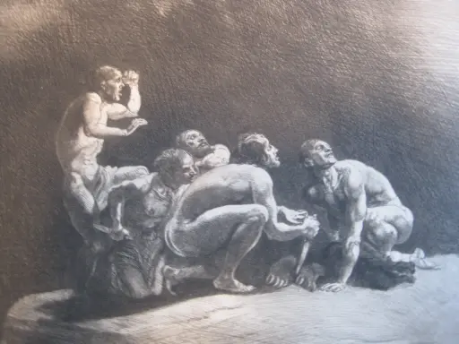 Männer in Not, die nach oben blicken, als ob sie sich fragen, wer war Prometheus und warum er ihnen das Feuer brachte.