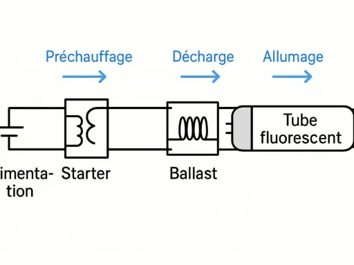 Schéma d'un circuit de tube fluorescent : alimentation, starter, ballast, tube fluorescent. Le starter est essentiel pour le préchauffage.
