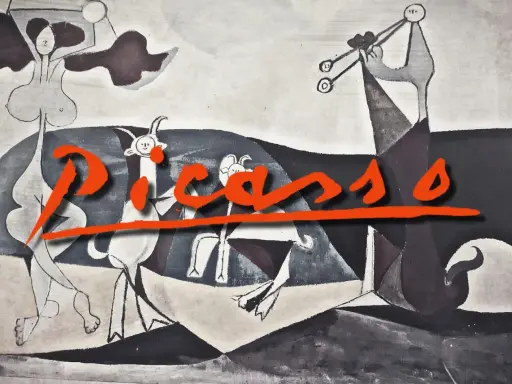 A surreal scene in Picasso art style, featuring abstract figures and goats, with the artist's name boldly overlaid in orange.