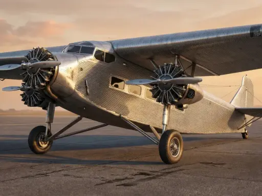 Ein glänzendes Ford Tri-Motor Flugzeug steht auf dem Rollfeld. Die drei Motoren sind gut sichtbar, ebenso wie die charakteristische Wellblechverkleidung.