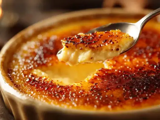 Une cuillère de crème brûlée, son origine française est un délice caramélisé.