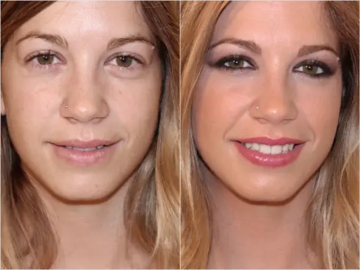 Comparación de rostro: antes sin maquillaje, con ojos cansados, y después con maquillaje que realza la mirada y el brillo de los labios.