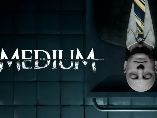 Tytuł gry "The Medium" na tle mrocznego pokoju. Obok leży mężczyzna w garniturze, jakby w transie.