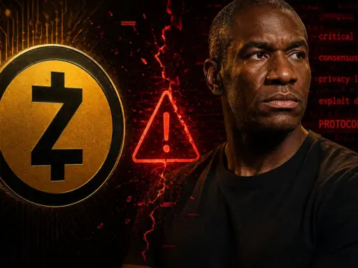 Arthur Hayes wpatrzony w ostrzeżenie o "PROTOCOL FLAW" obok symbolu Zcash.