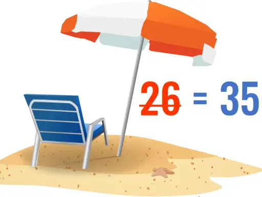Plaża z leżakiem i parasolem. Obok napis: "26 = 35?". Czy to pytanie o to, od kiedy 35 dni urlopu?