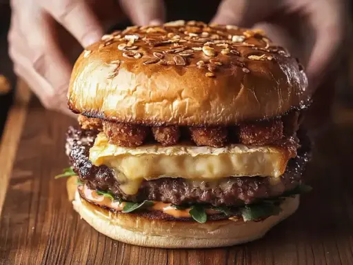 Apetyczny burger drwala przepis: soczysta wołowina, rozpływający się ser, chrupiące dodatki i puszna bułka. Idealny na głód!