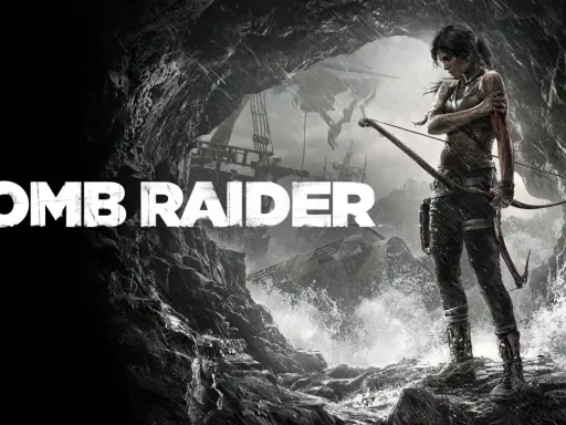 Lara Croft, bohaterka Tomb Raider, stoi na skalistej plaży z łukiem w dłoni, gotowa na przygodę.