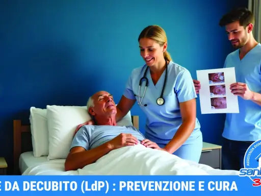 Infermieri mostrano immagini di piaghe da decubito a un paziente anziano, indicando chi cura le piaghe da decubito con competenza e attenzione.