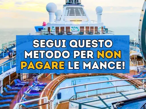 Piscina e sdraio su una nave da crociera. Testo: "Segui questo metodo per non pagare le mance!