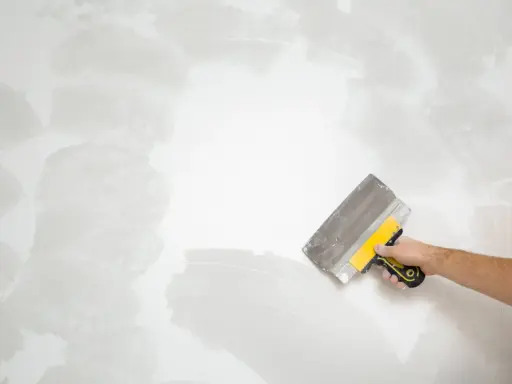 Mano con espátula aplicando masilla para alisar la pared, un paso clave en cómo quitar el gotele con espátula.