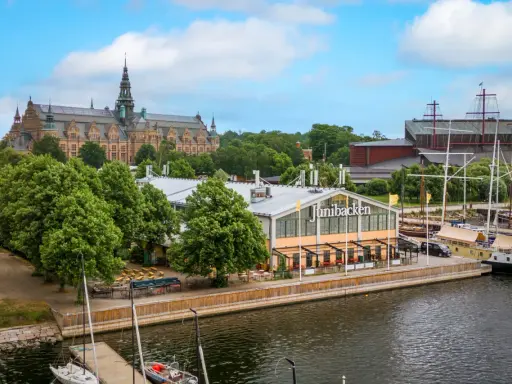 Junibacken, ett museum tillägnat Astrid Lindgren, ligger vid vattnet i Stockholm, med en stor byggnad i bakgrunden och segelfartyg i hamnen.