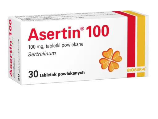 Opakowanie leku Asertin 100 mg, zawierającego 30 tabletek powlekanych z sertraliną. Stosowany na depresję i inne zaburzenia.