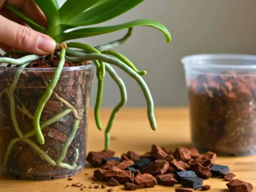Maintenant, vous savez comment rempoter une orchidée. Les racines aériennes sont saines et prêtes pour un nouveau substrat.