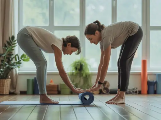 Deux femmes déroulent un tapis de yoga, un exercice bénéfique pour réduire la durée d'arrêt travail mal de dos.