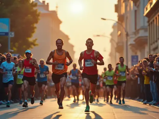 Löpare i Uppsala halvmaraton kämpar sig fram i solnedgången, hejade på av en entusiastisk publik längs gatan.