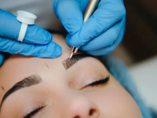 Main d'une esthéticienne en bleu, effectuant un entretien microblading sur les sourcils d'une cliente.