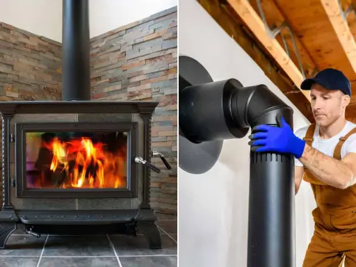 Poêle à bois crépitant, son conduit noir est installé par un ouvrier.