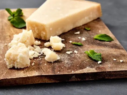Ein Stück und zerbrochene Stücke von ist parmigiano parmesan liegen auf einem Holzbrett, garniert mit Minzblättern.