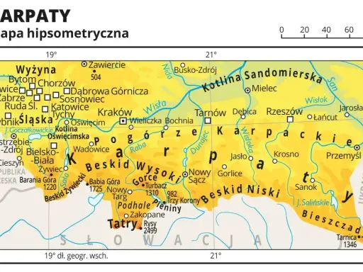 Mapa hipsometryczna polskich Karpat z zaznaczonymi pasmami górskimi, miastami i rzekami. Widoczne m.in. Tatry, Beskidy, Bieszczady.