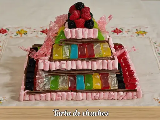 Tarta de chuches escalonada, con capas de gominolas de colores, marshmallows rosas y frutos rojos en la cima.