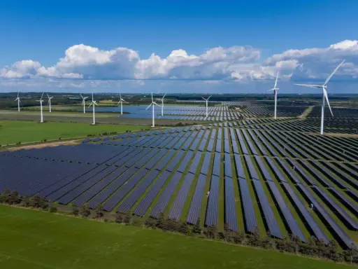 Großes Feld mit Windkraftanlagen und Photovoltaik-Modulen unter blauem Himmel mit Wolken.