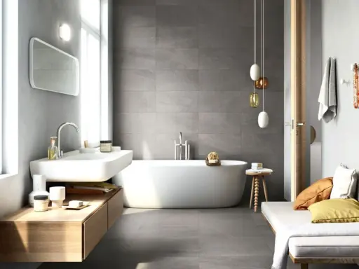 Elegante bagno grigio e beige con vasca freestanding, lavabo moderno e panca con cuscini colorati.