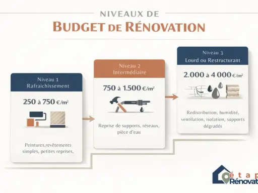 Simulation construction maison : 3 niveaux de budget de rénovation, du rafraîchissement à la restructuration lourde, avec coûts et exemples de travaux.