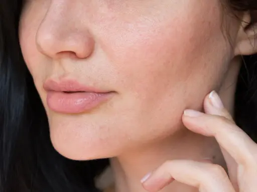 Dita che accarezzano il viso, mostrando come idratare la pelle del viso molto secca per un aspetto radioso e morbido.