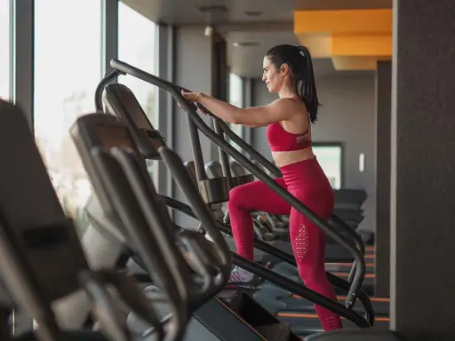 Frau macht ein Stairmaster Workout im Fitnessstudio. Sie trägt ein rotes Sportoutfit und trainiert intensiv.