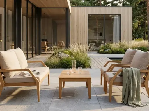 Trädgårdsmöbler i teak med klassisk design, placerade på en altan vid ett modernt hus.