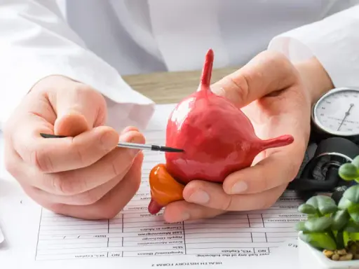 Lekarz omawia model pęcherza, wyjaśniając problemy związane z pęcherzem neurogennym. Obok leżą stetoskop i ciśnieniomierz.